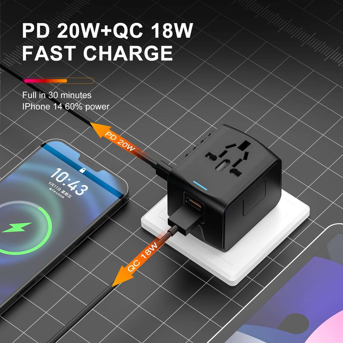 محول سفر مع شاحن سريع GaN 20W PD